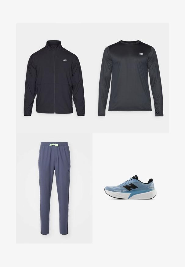 Črna jopica na zadrgo z visokim ovratnikom, lahkotna tkanina in dolgi rokavi. Ima majhen, odsevni logo na levem prsnem delu.; Majica za šport z dolgimi rokavi v črni barvi, izdelana iz gladkega, lahkega blaga z rahlo teksturo. Ima majhen logotip na zgornjem levem delu prsnega koša.; Mornarske trenirke, izdelane iz mehkega materiala, z elastičnim pasom in svetlo zeleno vezalko ter črnimi poudarki ob strani.; Svetlo modra športna obutev z črnim logotipom, debelim belim podplatom in črnim notranjim obložkom, prikazana s strani na belem ozadju.