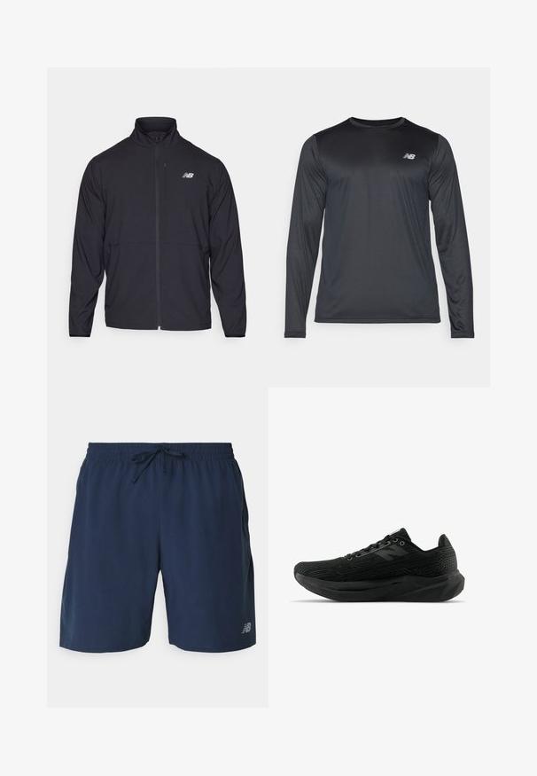 Melnā jaku ar rāvējslēdzēju, augstu apkakli, vieglu audumu un garām piedurknēm. Uz kreisā krūts ir neliels atstarojošs logos.; Melna garanotā sporta krekls ar garām piedurknēm, izgatavots no gludas, vieglas auduma ar smalku faktūru. Uz augšējā kreisā krūšu apgabala ir neliels logotips.; Jūras zila sporta šorti ar elastīgu jostasvietu un virvi. Raksturīga gluda tekstūra un neliels balts logotips apakšējā pusē.; Melnas sporta kurpes ar teksturētu augšdaļu, piedāvājot elegantu dizainu, saites aizdari un biezāku protektora zoli uzlabotai saķerei.