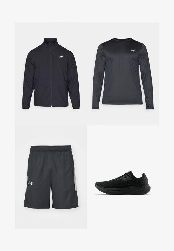 Svart jakke med glidelås og høy krage, lett stoff og lange ermer. Har en liten, reflekterende logo på venstre bryst.; Langermet treningsskjorte i svart, laget av glatt, lett stoff med en subtil tekstur. Har en liten logo på øvre venstre bryst.; Svarte atletiske shorts laget av lett materiale, med elastisk midjebånd og to sidelommer med grå detaljer. Under Armour-logoen vises.; Svart atletisk sko med teksturert overdel, som har et strømlinjeformet design, snøring og en tykkere såle med mønster for bedre grep.