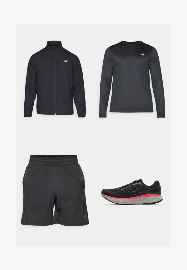 Sort zip-jakke med høj krave, letvægtsstof og lange ærmer. Har et lille, reflekterende logo på venstre bryst.; Langærmet sportshem i sort, lavet af glat, letvægtsstof med en subtil tekstur. Har et lille logo på den øverste venstre bryst.; Puma PERFORMANCE SHORT - Korte sportsbukser - black; Sorte løbesko med overdækning i mesh, accentueret af en pink mellemsålstribe og grå ydersål. Har teksturerede detaljer og et fleksibelt såledesign.