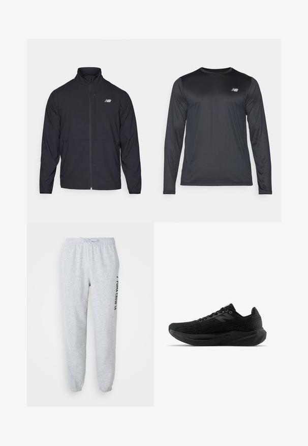 Sort zip-jakke med høj krave, letvægtsstof og lange ærmer. Har et lille, reflekterende logo på venstre bryst.; Langærmet sportshem i sort, lavet af glat, letvægtsstof med en subtil tekstur. Har et lille logo på den øverste venstre bryst.; Grå sweats med elastisk talje, snøre og tætsiddende ankler. Har et side-logo tryk i sort. Blødt bomuldsstof.; Sort atletiksko med struktureret overdel, der har et strømlinet design, snørelukning og en tykkere mønstret sål for bedre greb.