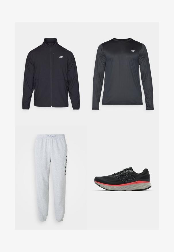 Black zip-up jacket with a high collar, lightweight fabric, and long sleeves. Features a small, reflective logo on the left chest.; Long-sleeve athletic shirt in black, made of smooth, lightweight fabric with a subtle texture. Features small logo on the upper left chest.; Gray sweatpants with elastic waistband, drawstring, and tapered ankles. Features a side logo print in black. Soft cotton material.; Black running shoe with mesh upper, accented by a pink midsole stripe and grey outsole. Features textured details and a flexible sole design.