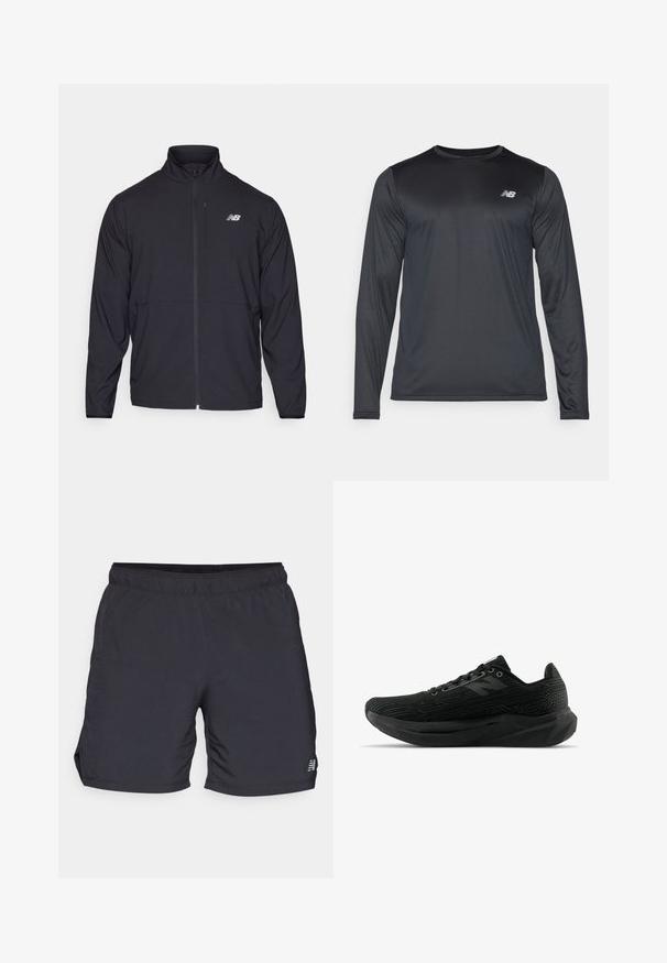 Musta vetoketjullinen takki, jossa on korkea kaulus, kevyt kangas ja pitkät hihat. Sisältää pienen, heijastavan logon vasemmassa rinnassa.; Pitkähihainen urheilupaita mustana, valmistettu sileästä, kevyestä kankaasta, jossa on hienovarainen tekstuuri. Ominaisuuksiin kuuluu pieni logo vasemmassa ylärinnassa.; Mustat urheilushortsit, jotka on valmistettu kevyestä kankaasta. Niissä on joustava vyötärö ja sivuhalkiot liikkuvuuden parantamiseksi. Minimimerkintä sivuilla.; Mustat urheilukengät, joissa on teksturoitu päällys, tyylikäs muotoilu, nauhakiinnitys ja paksumpi uritettu pohja paremman pidon takaamiseksi.