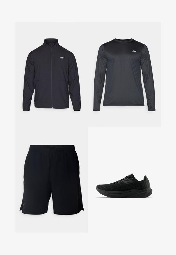 Zwarte zip-up jack met een hoge kraag, lichtgewicht stof en lange mouwen. Heeft een klein, reflecterend logo op de linker borst.; Langzaam mouw atletisch shirt in zwart, gemaakt van soepele, lichte stof met een subtiele textuur. Voorzien van een klein logo op de bovenste linkerborst.; Zwarte sportshorts van lichtgewicht stof, met een elastische tailleband met trekkoord en zijpaneel van mesh voor ventilatie.; Zwarte sportieve schoen met een gestructureerde bovenkant, voorzien van een strak ontwerp, vetersluiting en een dikkere, profielzool voor verbeterde grip.