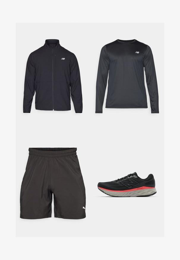 Casaco preto com fecho éclair, colarinho alto, tecido leve e mangas longas. Apresenta um pequeno logótipo refletor no lado esquerdo do peito.; Camisa atlética de manga longa em preto, feita de um tecido suave e leve com uma textura subtil. Apresenta um pequeno logótipo na parte superior esquerda do peito.; Calções atléticos negros feitos de um tecido leve, com um cós elástico e um pequeno logo branco na parte inferior esquerda.; Sapatilha de corrida preta com parte superior de malha, acentuada por uma faixa rosa na entressola e sola cinza. Apresenta detalhes texturizados e um design de sola flexível.