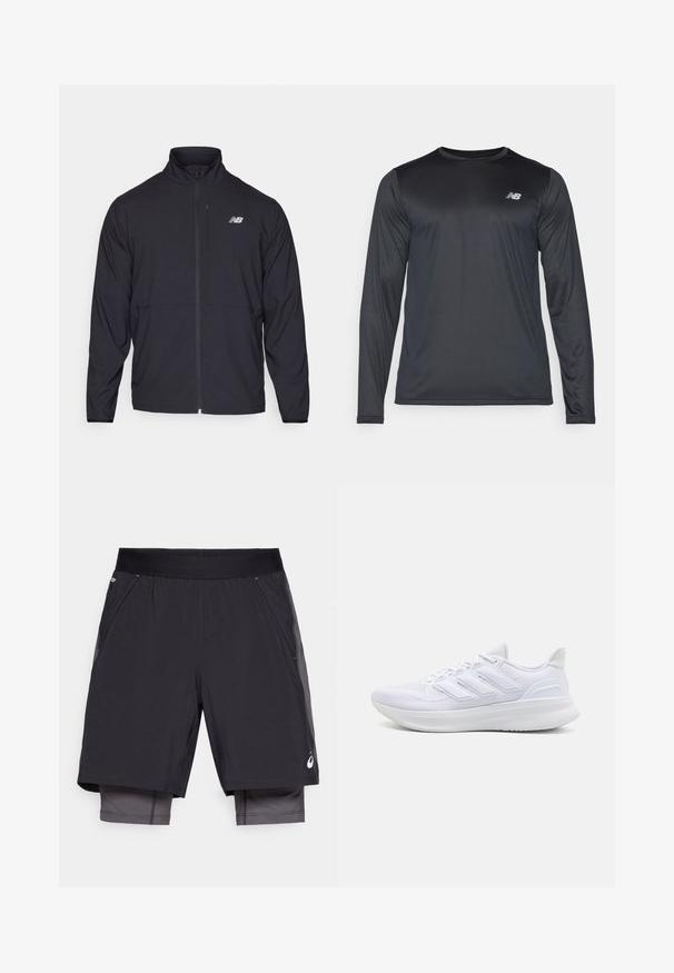 Black zip-up jacket with a high collar, lightweight fabric, and long sleeves. Features a small, reflective logo on the left chest.; Long-sleeve athletic shirt in black, made of smooth, lightweight fabric with a subtle texture. Features small logo on the upper left chest.; Black athletic shorts with a smooth texture, featuring a wide elastic waistband and inner lining in a darker shade. Side pockets included.; White athletic shoes featuring a textured mesh upper, supportive cushioned sole, and three stripe design on the side.