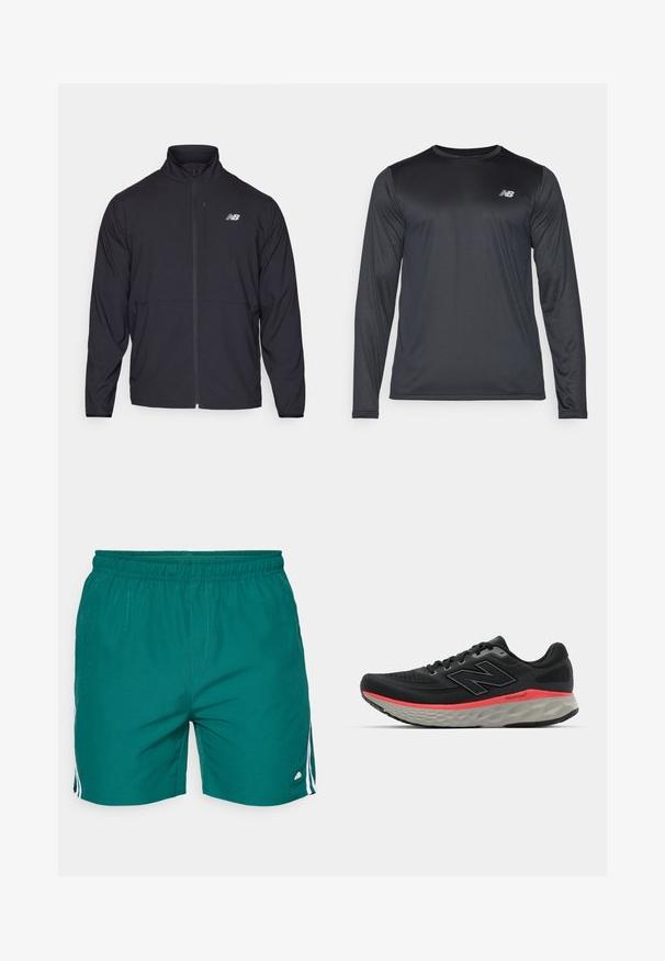 Svart zip-up jacka med hög krage, lättviktsmaterial och långa ärmar. Har en liten, reflexiv logotyp på vänster bröst.; Tröja med långa ärmar för träning i svart, tillverkad av ett slätt och lätt material med en subtil textur. Har en liten logotyp på övre vänstra bröstet.; Herrbadbyxor i teal-tyg, med elastisk midja, två sidosträck i vitt och liten logotypdetalj på fållen.; Svart löparsko med överdel av nät, accentuerad av en rosa mellansolelinje och grå yttersula. Har texturerade detaljer och en flexibel sula.