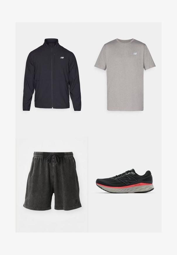 Črna jopica na zadrgo z visokim ovratnikom, lahkotna tkanina in dolgi rokavi. Ima majhen, odsevni logo na levem prsnem delu.; Siva kratka majica s kratkimi rokavi iz mehkega materiala, ki ima na levem prsnem delu subtilen logotip v svetlo modri barvi. Okrogli izrez, običajen kroj.; Kratke hlače v ogljeno sivi barvi, izdelane iz bombažne mešanice, z elastičnim pasom in vrvico ter majhnim logotipom na spodnji strani.; Črne tekaške čevlje z mrežastim zgornjim delom, okrašene s roza srednjim delom podplata in sivo podplatom. Imajo teksturirane podrobnosti in prilagodljivo zasnovo podplata.