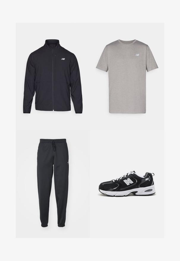 Črna jopica na zadrgo z visokim ovratnikom, lahkotna tkanina in dolgi rokavi. Ima majhen, odsevni logo na levem prsnem delu.; Siva kratka majica s kratkimi rokavi iz mehkega materiala, ki ima na levem prsnem delu subtilen logotip v svetlo modri barvi. Okrogli izrez, običajen kroj.; Črne športne hlače s elastičnim pasom in nastavljivo vrvico. Imajo elastične robove in majhen logotip blizu pasu.; Črne in sive športne čevlje z zgornjim delom iz mrežaste in semiš usnja, s belim srednjim podplatom, vezalkami in močnim logotipom "N" na strani.