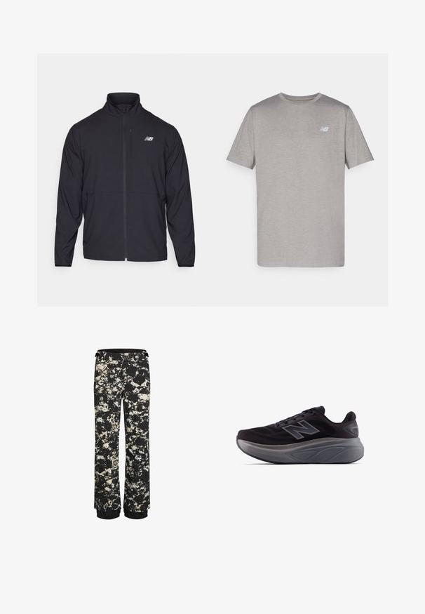 Melnā jaku ar rāvējslēdzēju, augstu apkakli, vieglu audumu un garām piedurknēm. Uz kreisā krūts ir neliels atstarojošs logos.; Pelēks īsa piedurkne T-krekls, izgatavots no mīkstas auduma, ar vieglu logo gaiši zilā krāsā kreisajā krūtī. Apaļš kakla izgriezums, regulāra piegrieztne.; Melni ūdensizturīgi sniega bikses ar krēmkrāsas un brūnu traipu rakstu. Iespējas ietver elastīgu aproci un regulējamu vidukli.; Melnas sporta kurpes ar teksturētu virsu, pastiprinātu papēdi un biezu pelēku zoli. Iezīmēta ar izcilu "N" simbolu.