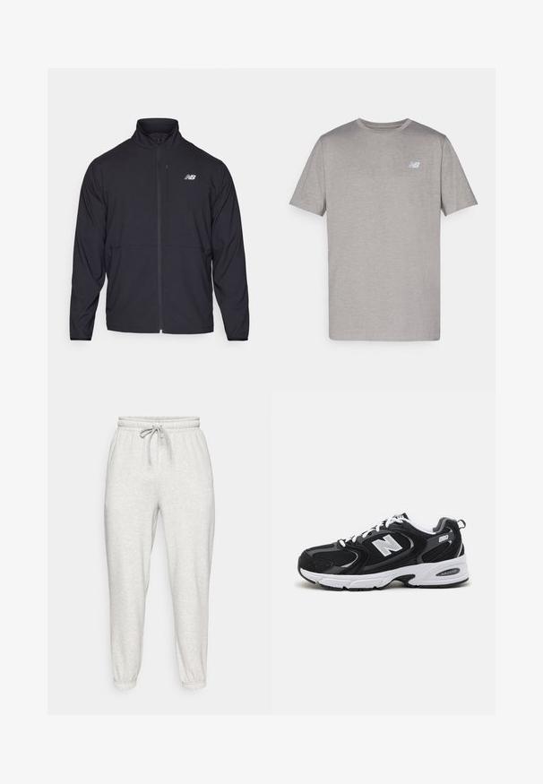 Casaco preto com fecho éclair, colarinho alto, tecido leve e mangas longas. Apresenta um pequeno logótipo refletor no lado esquerdo do peito.; T-shirt cinza de mangas curtas feito de tecido macio, apresentando um logotipo discreto em azul claro no lado esquerdo do peito. Decote redondo, ajuste regular.; Calças de moletão cinza claro com cintura elástica, cordão e punhos afunilados. Feitas de um tecido macio e texturizado. Sem padrões visíveis.; Sapatilhas atléticas pretas e cinzas com parte superior em malha e camurça, apresentando uma entressola branca, atacadores e um audacioso logótipo "N" na lateral.