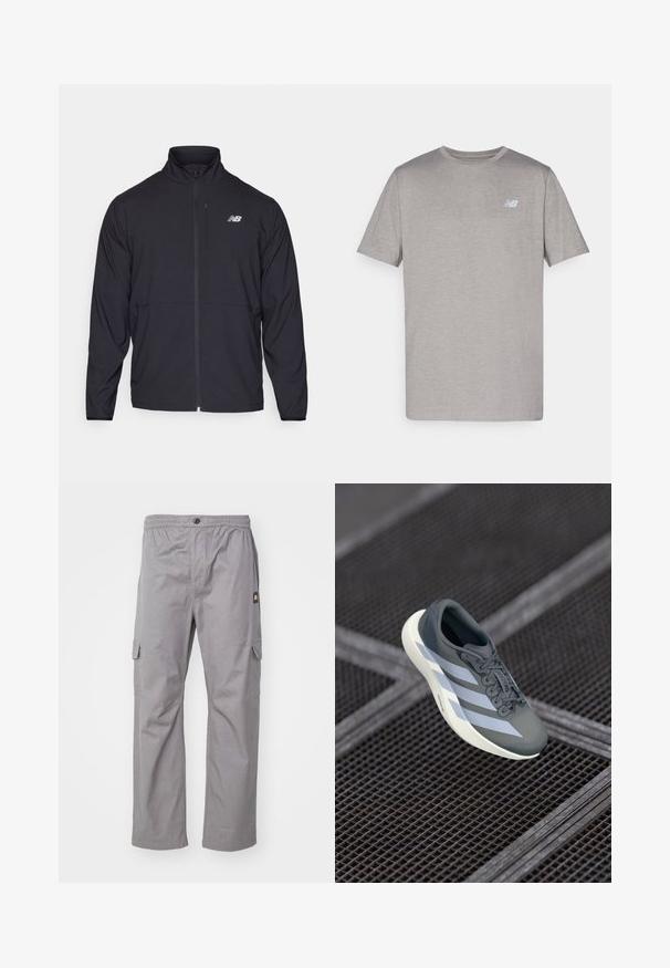 Sort zip-jakke med høj krave, letvægtsstof og lange ærmer. Har et lille, reflekterende logo på venstre bryst.; Grå kortærmet t-shirt lavet af blødt stof med et subtilt logo i lyseblå på venstre bryst. Rund halsudskæring, almindelig pasform.; Grå cargo-bukser med elastisk talje, knaplukning, to sidelommer og et lille logotag på venstre side. Blødt stof og lige pasform.; Sportssko i grå og hvid, lavet af syntetisk materiale, med et strømlinet design, tekstureret overflade og fremtrædende snøresystem.