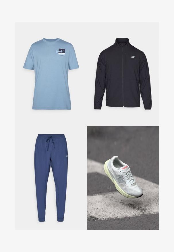 Black zip-up jacket with a high collar, lightweight fabric, and long sleeves. Features a small, reflective logo on the left chest.; Light blue cotton t-shirt with short sleeves, featuring a squared logo design in dark blue and white on the left side of the chest.; Navy blue athletic pants with an elastic waistband, drawstring, and tapered cuffs. Features side pockets and a small logo on one leg.; Lightweight running shoe with a white mesh upper, yellow midsole, and gray accents. Features a prominent ‘N’ logo and textured surface.