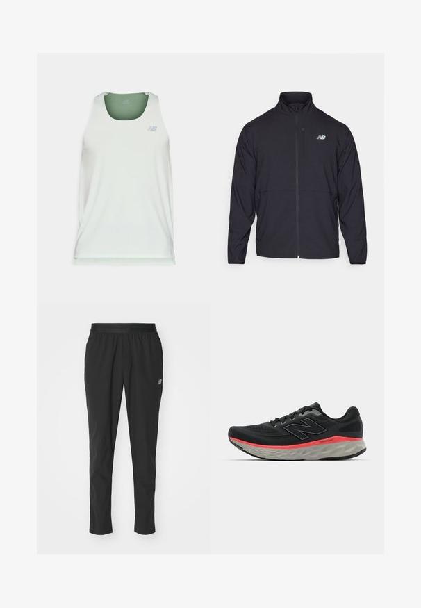 Musta vetoketjullinen takki, jossa on korkea kaulus, kevyt kangas ja pitkät hihat. Sisältää pienen, heijastavan logon vasemmassa rinnassa.; Vaaleanvihreä hihaton urheilu toppi, joka on valmistettu sileästä kankaasta. Ominaisuuksiin kuuluu pyöreä pääntie ja hillitty logo edessä.; Musta urheiluhousut, jotka on valmistettu kevyestä materiaalista, joustavalla vyötärönauhalla, kapenevalla muotoilulla ja hillityllä logolla sivussa.; Musta juoksukenkä, jossa on verkkomateriaali yläosassa, jota korostaa vaaleanpunainen välikerroksen raita ja harmaa pohja. Kenkässä on teksturoitu yksityiskohta ja joustava pohjarakenne.
