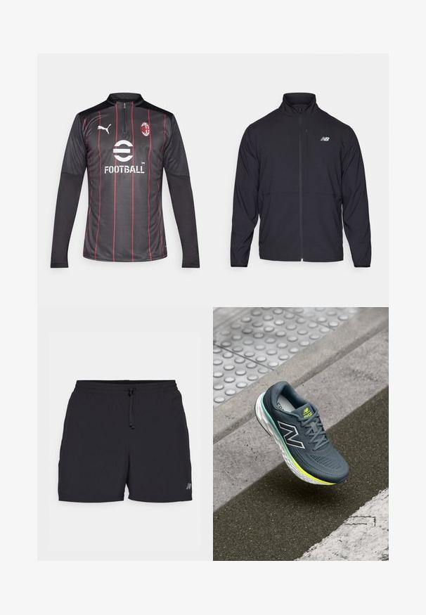 Black zip-up jacket with a high collar, lightweight fabric, and long sleeves. Features a small, reflective logo on the left chest.; Black long-sleeve football jersey with red vertical stripes, featuring a half-zip collar, logo accents, and a textured fabric design.; Black athletic shorts made of lightweight fabric. Features an elastic waistband with drawstring, side pockets, and a small logo accent.; Gray athletic shoe with textured upper, black and white logo, green accents, and a cushioned white sole. Positioned above a sidewalk.