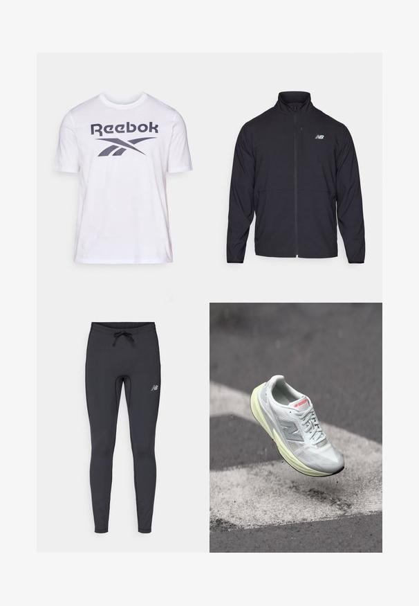 Fekete cipzáras dzseki magas gallérral, könnyű anyagból és hosszú ujjakkal. Kicsi, fényvisszaverő logo található a bal mellen.; Fehér Reebok póló, nagy sötétszürke logóval és grafikai tervezéssel a mellkasán. Puha pamut anyagból készült, rövid ujjú.; Fekete sportleggings rugalmas anyagból. Két részes derékrészének húzózsinóros kialakítása van, és a jobb combján egy kisméretű reflektáló logó található.; Könnyű futócipő fehér hálós felsőrésszel, sárga középtalppal és szürke akcentusokkal. Jellemzője a feltűnő "N" logó és a texturált felület.