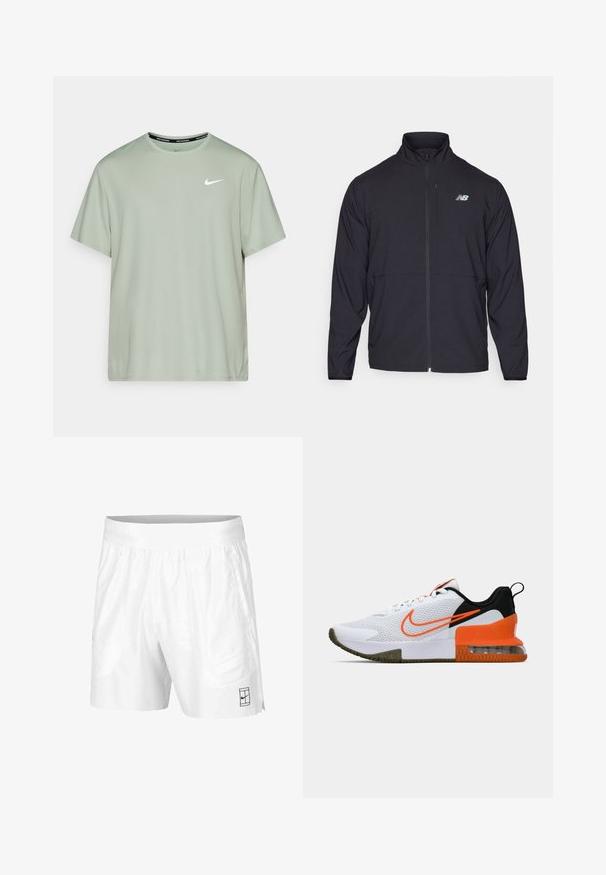 Crna jakna na zip s visokim ovratnikom, lagani materijal i dugi rukavi. Sadrži mali reflektirajući logo na lijevoj strani prsnog područja.; Nike Performance MILER - Sportska majica - jade horizon/reflective silver; Bijele atletske kratke hlače izrađene od lagane tkanine s elastičnim pojasom, koje imaju dva bočna džepa i mali crni logo na rubu.; Bijela atletska cipela s teksturiranim mrežastim gornjim dijelom, crnim i narančastim naglascima, debelim gumastim potplatom i prozirnim zračnim jastučićem na peti.