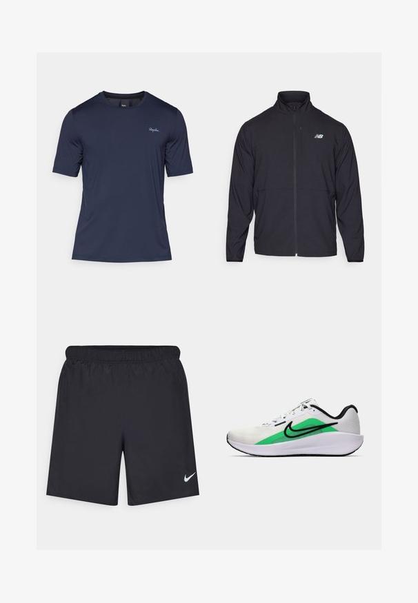 Czarna kurtka z suwakiem, z wysokim kołnierzem, wykonana z lekkiego materiału i z długimi rękawami. Posiada małe, odblaskowe logo na lewej piersi.; Granatowa, krótkosłanna koszulka sportowa z elastycznego materiału, z okrągłym dekoltem i haftowanym logo po lewej stronie na piersi. Gładka textura.; Czarne spodenki sportowe wykonane z lekkiego materiału, z elastycznym pasem. Posiadają małe białe logo Nike na dolnej lewej stronie.; Białe buty sportowe z zielonym akcentem, czarnym logo, siateczkową cholewką, amortyzowaną podeszwą i zaokrąglonym obcasem. Posiada sznurowadła i kontrastowe wykończenie.