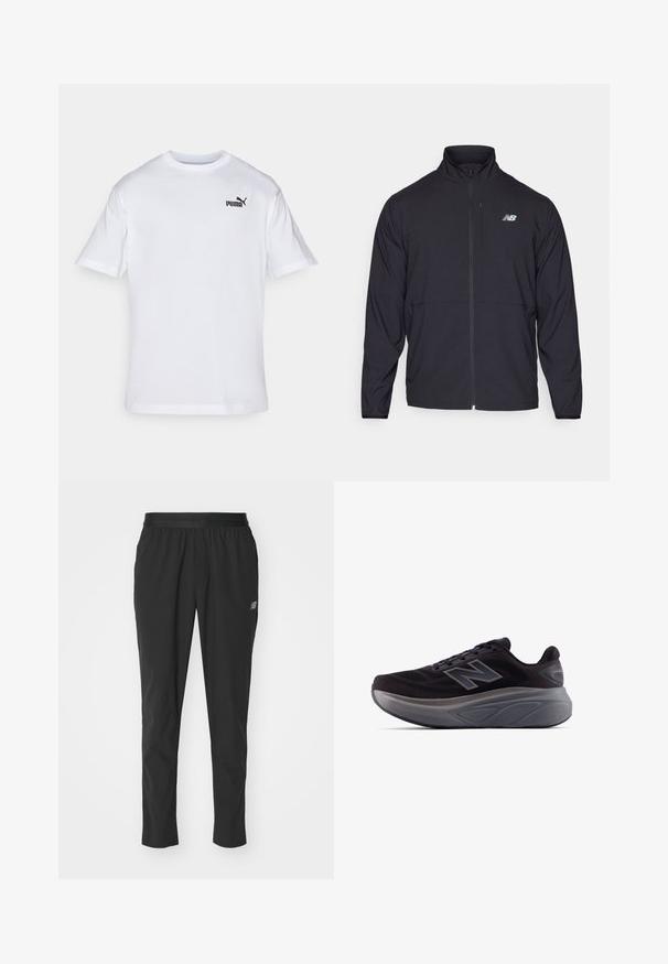 Schwarze Zip-Jacke mit hohem Kragen, aus leichtem Material und langen Ärmeln. Verfügt über ein kleines, reflektierendes Logo auf der linken Brust.; Weißes Baumwoll-T-Shirt mit kurzen Ärmeln, mit einem schwarzen Puma-Logo auf der linken Brust. Runder Halsausschnitt, normale Passform, glatte Textur.; Schwarze Sporthosen aus leichtem Material mit elastischem Bund, schmalem Schnitt und dezentem Logodetail an der Seite.; Schwarzer Sport Schuh mit strukturiertem Obermaterial, verstärktem Absatz und dicker grauer Sohle. Verfügt über ein auffälliges "N"-Logo.