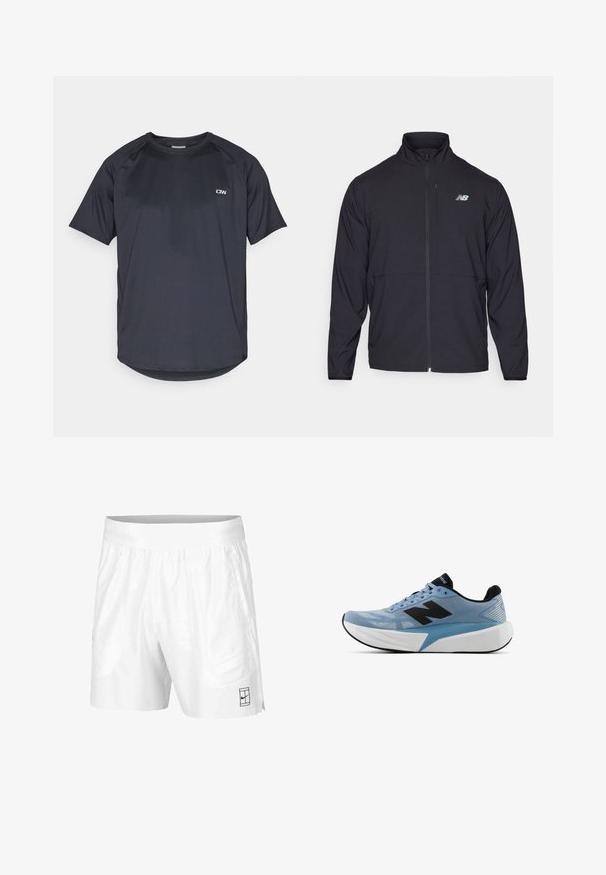 Mustmustaga mustal tõmbluku ja kõrge kaelusega, kerge kangaga ja pikkade varrukatega. Vasakul rinnal on väike peegeldav logo.; Tumehall sportlik T-särk, lühikesed varrukad, ümar kaelus, valmistatud kergest ja hingavast kangast, millel on peen võrkmaterjal ja logo aktsent.; Valged spordilühikesed püksid, mis on valmistatud kergest kangast, elastse vöökoha ja kahe küljetaskuga. Hemmi peal on väike must logo.; Hele sinine jooksujalanõud musta logoga, paksu valge tallaga ja musta sisekattega, vaadatuna küljelt valgel taustal.