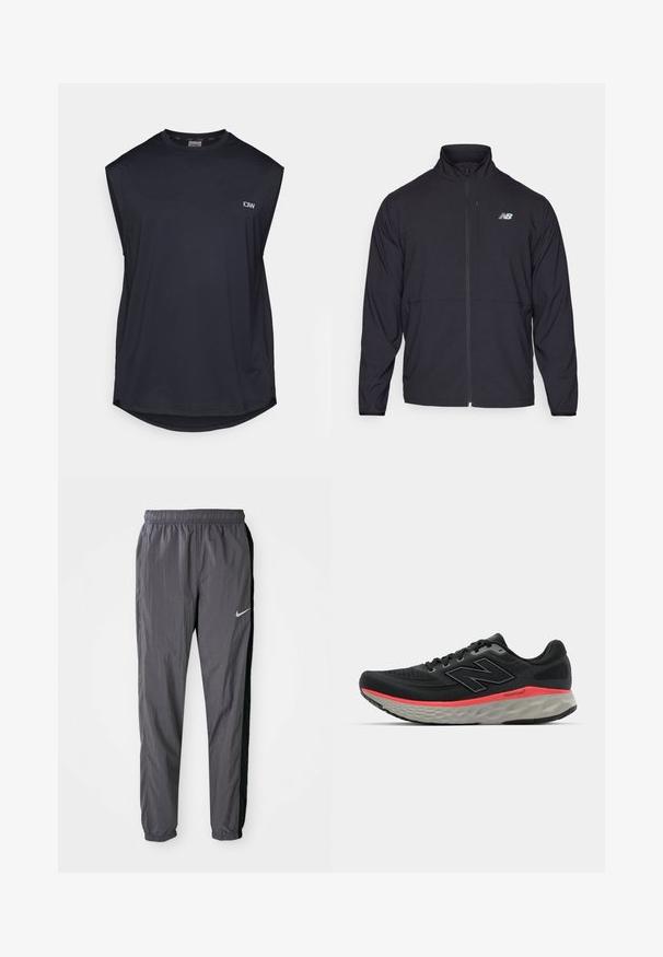 Musta vetoketjullinen takki, jossa on korkea kaulus, kevyt kangas ja pitkät hihat. Sisältää pienen, heijastavan logon vasemmassa rinnassa.; Tummansininen ilman hihoja oleva urheilupaita, joka on valmistettu teksturoidusta kankaasta. Ominaisuuksiin kuuluu pyöristetty helma ja pieni logo vasemmalla edessä. Hengittävä muotoilu.; Nike juoksuhousut, kevyestä kankaasta, tummanharmaana mustilla sivupaneeleilla. Varustettu elastisella vyötäröllä ja heijastavalla logolla.; Musta juoksukenkä, jossa on verkkomateriaali yläosassa, jota korostaa vaaleanpunainen välikerroksen raita ja harmaa pohja. Kenkässä on teksturoitu yksityiskohta ja joustava pohjarakenne.