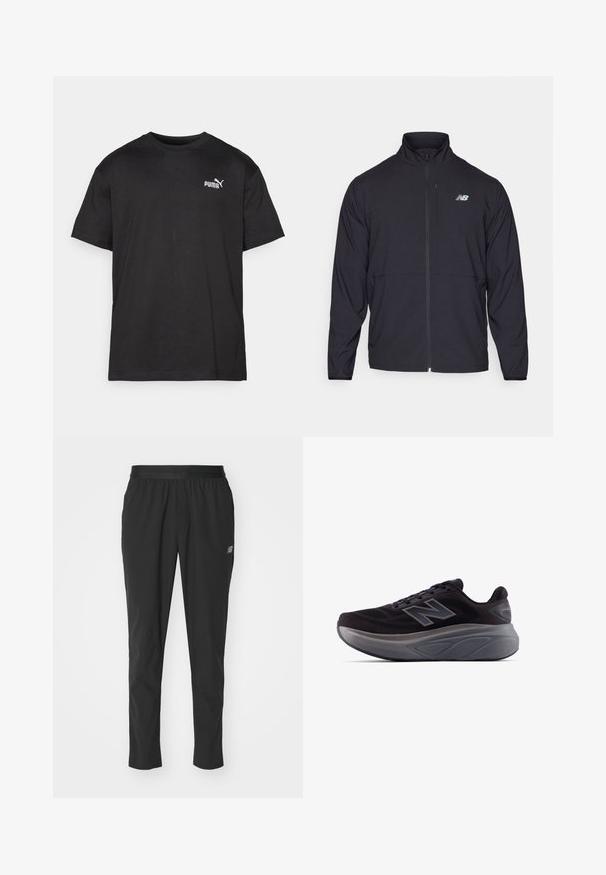 Black zip-up jacket with a high collar, lightweight fabric, and long sleeves. Features a small, reflective logo on the left chest.; Black cotton T-shirt, short sleeves, crew neck, features white Puma logo on left chest, straight hem, smooth texture.; Black athletic pants made of lightweight material with an elastic waistband, tapered design, and subtle logo detail on the side.; Black athletic shoe with a textured upper, reinforced heel, and a thick gray sole. Features a prominent "N" logo.