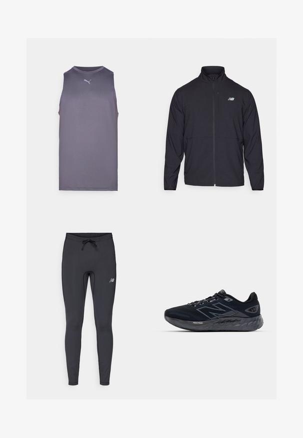 Svart jakke med glidelås og høy krage, lett stoff og lange ermer. Har en liten, reflekterende logo på venstre bryst.; Ermeløs atletisk tanktopp i mørk lilla stoff, med rund hals og en liten hvit Puma-logo på brystet. Glatt tekstur.; Svart treningstights laget av elastisk stoff. Har en snor i livet og en liten reflekterende logo på høyre lår.; Menns løpesko i svart mesh med en tykk grå såle, sirkulær tekstur og reflekterende detaljer. Har "New Balance"-logoen på siden.