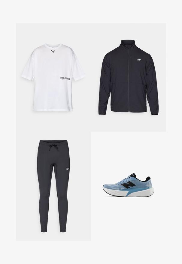 Fekete cipzáras dzseki magas gallérral, könnyű anyagból és hosszú ujjakkal. Kicsi, fényvisszaverő logo található a bal mellen.; Fehér pamut póló rövid ujjakkal, kerek nyakkal, amelyen egy kis fekete Puma logó és a "PUMA CREW 48" felirat látható fekete színben az elején.; Fekete sportleggings rugalmas anyagból. Két részes derékrészének húzózsinóros kialakítása van, és a jobb combján egy kisméretű reflektáló logó található.; Világoskék futócipő fekete logóval, vastag fehér talppal és fekete bélésbel, oldalnézetből, fehér háttér előtt.