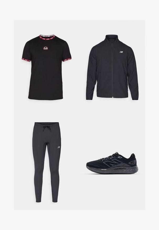 Juoda zip-up striukė su aukštu apykakle, lengvos medžiagos ir ilgomis rankovėmis. Yra mažas, atspindintis logotipas kairėje krūtinės pusėje.; Juodas trumpas rankovėmis marškinėlis su raudonai ir balta dryžuota apykakle ir rankogaliais. Ant krūtinės yra mažas siuvinėtas logotipas. Minkštas medvilnės audinys.; Juodi sportiniai leggingai, pagaminti iš elastingos medžiagos. Su raištelių juosmeniu ir mažuoju atspindinčiu logotipu dešinėje šlaunies pusėje.; Juoda tinklinė bėgimo avalynė vyrams su storesniu pilku padu, apvalia tekstūra ir atspindinčiais akcentais. Šone yra "New Balance" logo.