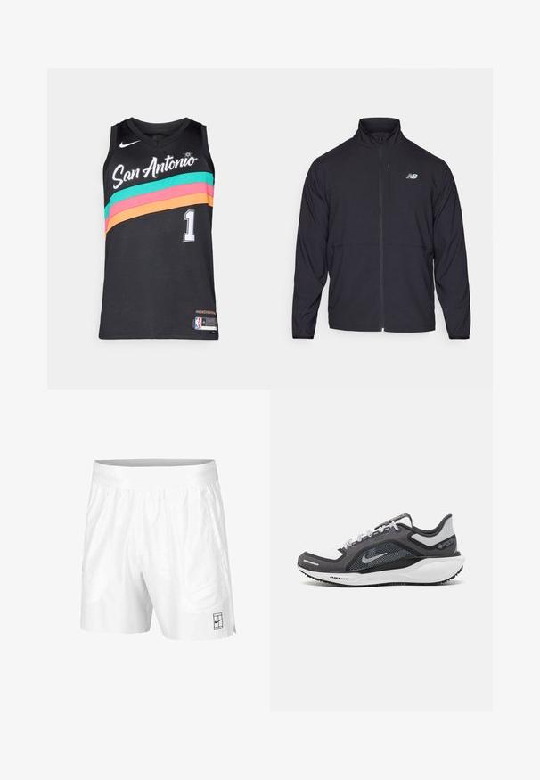 Crna jakna na zip s visokim ovratnikom, lagani materijal i dugi rukavi. Sadrži mali reflektirajući logo na lijevoj strani prsnog područja.; Crna sportska majica s natpisom "San Antonio", sa tirkiznim, ružičastim i narančastim horizontalnim prugama, V-izrezom i bijelim brojem "1." Prikazan je Nike logo.; Bijele atletske kratke hlače izrađene od lagane tkanine s elastičnim pojasom, koje imaju dva bočna džepa i mali crni logo na rubu.; Crne i sive atletske cipele s mrežastim gornjim dijelom, reflektirajućim detaljima i bijelim među-djelom. Imaju strukturiranu gumenu potplate i vezice.