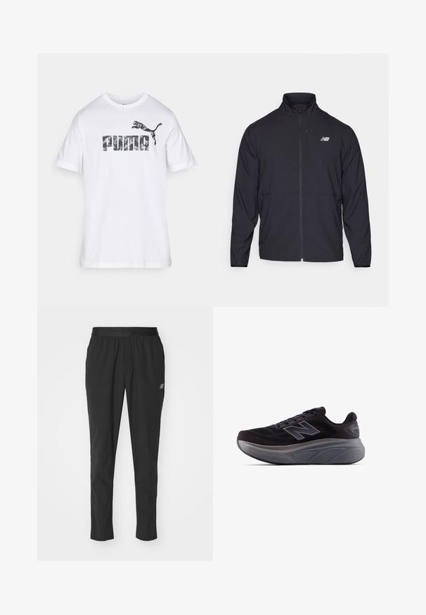 Zwarte zip-up jack met een hoge kraag, lichtgewicht stof en lange mouwen. Heeft een klein, reflecterend logo op de linker borst.; Witte probleemloze t-shirt van katoen met korte mouwen, voorzien van een groot camouflagepatroon "PUMA" logo met daarboven een afbeelding van een springende puma.; Zwarte sportieve broek van lichtgewicht materiaal met een elastische tailleband, een taps toelopend ontwerp en een subtiele logodetail aan de zijkant.; Zwarte sportieve schoen met een gestructureerde bovenkant, versterkte hak en een dikke grijze zool. Heeft een opvallend "N"-logo.