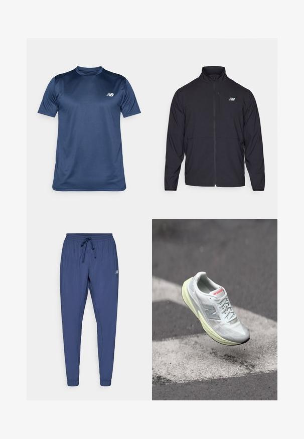 Casaco preto com fecho éclair, colarinho alto, tecido leve e mangas longas. Apresenta um pequeno logótipo refletor no lado esquerdo do peito.; Camiseta de manga curta atlética azul-marinho feita de um tecido liso que absorve a humidade. Apresenta detalhes em painéis laterais e um pequeno logótipo branco no peito.; Calças de desporto azul-marinho com cintura elástica, cordão de ajuste e punhos afunilados. Apresenta bolsos laterais e um pequeno logótipo numa das pernas.; Shoe de corrida leve com um cabedal em malha branca, entressola amarela e detalhes cinzentos. Apresenta um proeminente logotipo ‘N’ e uma superfície texturizada.