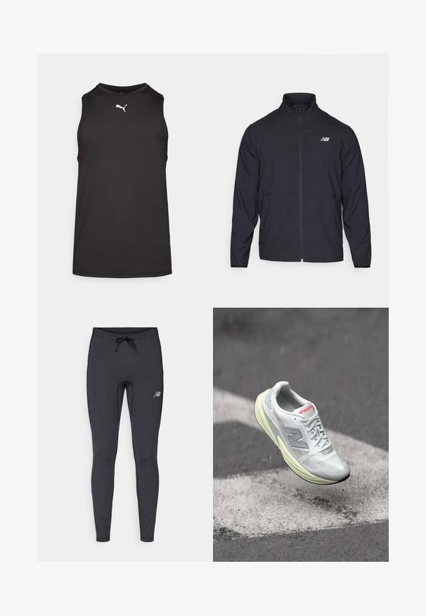 Czarna kurtka z suwakiem, z wysokim kołnierzem, wykonana z lekkiego materiału i z długimi rękawami. Posiada małe, odblaskowe logo na lewej piersi.; Czarna bezrękawnikowa koszulka sportowa z gładkiego materiału, z okrągłym dekoltem i białym logo na klatce piersiowej. Lekka konstrukcja.; Czarne legginsy sportowe wykonane z elastycznej tkaniny. Posiadają elastyczny pas ze sznurkiem oraz małe, odblaskowe logo na przedniej, prawej udzie.; Lekki but biegowy z białą siateczką u góry, żółtą podeszwą środkową i szarymi akcentami. Posiada wyraźne logo 'N' oraz fakturowaną powierzchnię.