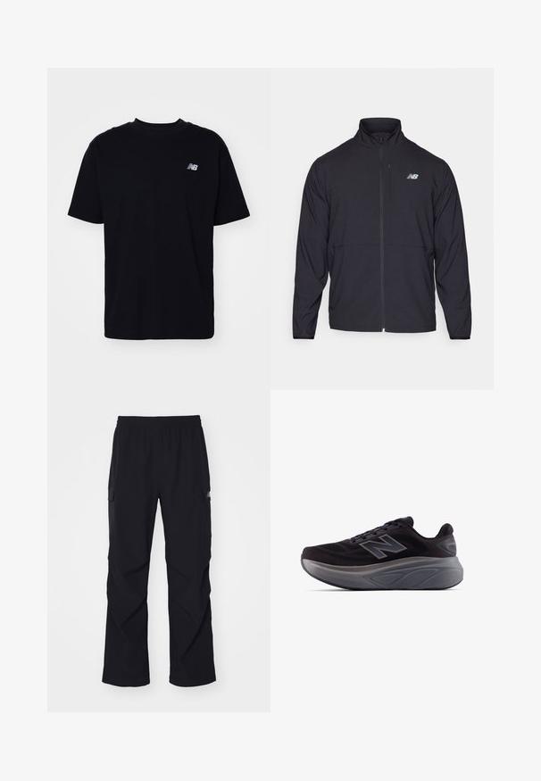 Giacca nera con zip e colletto alto, in tessuto leggero e maniche lunghe. Presenta un piccolo logo riflettente sul lato sinistro del petto.; T-shirt in cotone nero con collo tondo, maniche corte e un piccolo logo impresso sul lato sinistro del petto. Vestibilità classica e texture liscia.; Pantaloni cargo neri realizzati in materiale leggero, con vita elastica, tasche laterali e design a gamba dritta.; Scarpa sportiva nera con tomaia texture, tallone rinforzato e una suola grigia spessa. Caratterizzata da un logo "N" prominente.