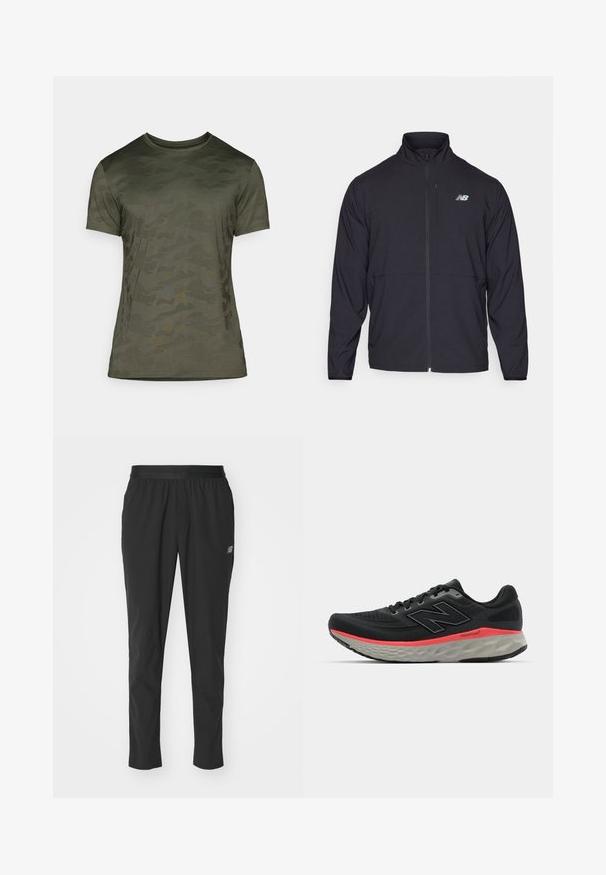 Sort zip-jakke med høj krave, letvægtsstof og lange ærmer. Har et lille, reflekterende logo på venstre bryst.; Oliven grøn t-shirt med korte ærmer, der har et diskret camouflage mønster. Lavet af blødt stof med rund halsudskæring og en tætsiddende pasform.; Sorte atletiske bukser lavet af letvægtsmateriale med en elastisk talje, tapered design og diskret logodetalje på siden.; Sorte løbesko med overdækning i mesh, accentueret af en pink mellemsålstribe og grå ydersål. Har teksturerede detaljer og et fleksibelt såledesign.