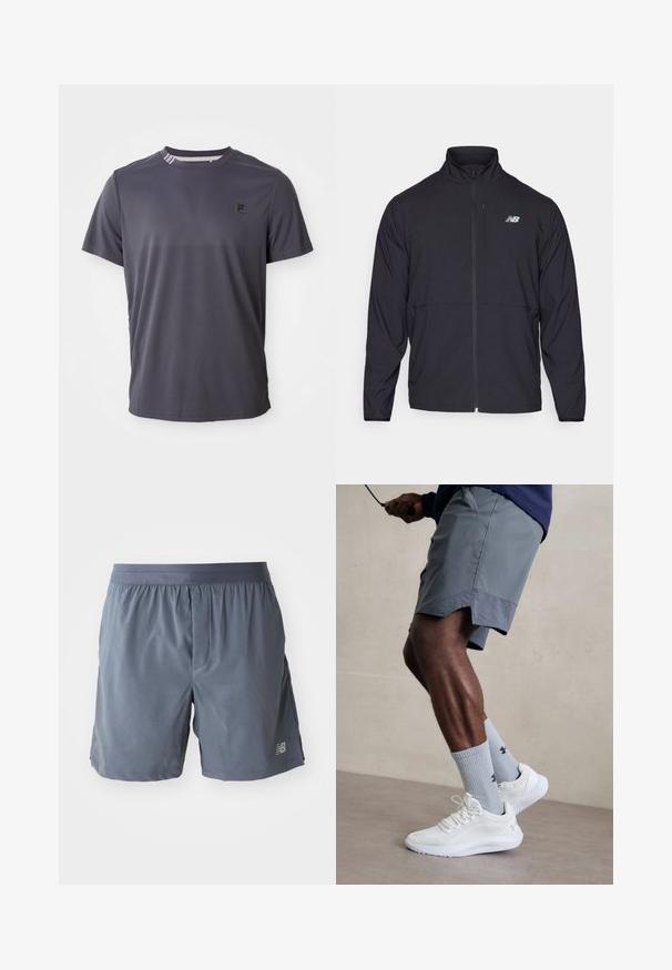 Crna jakna na zip s visokim ovratnikom, lagani materijal i dugi rukavi. Sadrži mali reflektirajući logo na lijevoj strani prsnog područja.; Tamno sivi kratki rukav sportski majica s malim crnim logom na lijevoj strani prsnog koša i prugastim detaljem unutar ovratnika.; Muške atletske kratke hlače u tamnosivoj boji, izrađene od laganog materijala. Imaju elastičnu pozadinu i mali logo na donjoj nozi.; Bijele sportske tenisice s teksturiranim mrežastim gornjim dijelom, uparene s svijetlo plavim rebrastim čarapama s logotipom. Sive sportske šortse s perforiranim rubom.