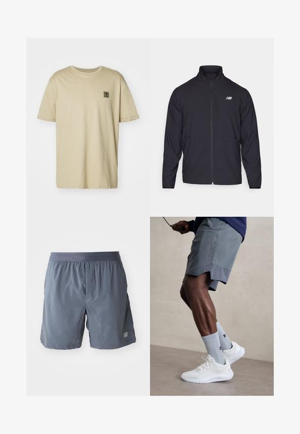 Melnā jaku ar rāvējslēdzēju, augstu apkakli, vieglu audumu un garām piedurknēm. Uz kreisā krūts ir neliels atstarojošs logos.; Bēša kokvilnas T-krekls ar īsām piedurknēm, apaļu kakla izgriezumu un nelielu tumšu logo plāksteri kreisajā augšējā stūrī. Gluda tekstūra, brīvs piegriezums.; Vīriešu sporta šorti tumši pelēkā krāsā, izgatavoti no viegla materiāla. Iezīmes elastīga jostasvieta un neliels logo uz apakšējā kājas.; Baltas sporta apavu pāris ar strukturētu acs virsu, apvienots ar gaiši zilo riboto zeķu pāri, kurā ir zīmols. Pelēki sporta šorti ar perforētu apdari.