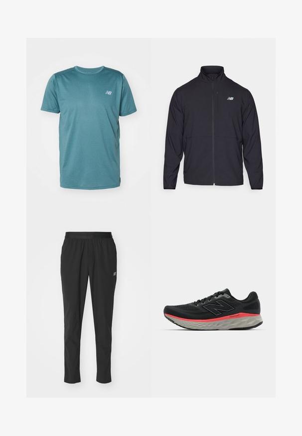 Svart jakke med glidelås og høy krage, lett stoff og lange ermer. Har en liten, reflekterende logo på venstre bryst.; New Balance T-skjorte til trening - new spruce; Svarte treningbukser laget av lett materiale med elastisk midjebånd, smalere design og subtil logo detaljer på siden.; Svarte joggesko med mesh-overdel, accentuert av en rosa mellomsålestripe og grå yttersåle. Har teksturerte detaljer og et fleksibelt såledesign.