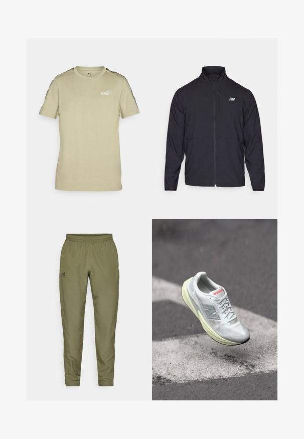 Schwarze Zip-Jacke mit hohem Kragen, aus leichtem Material und langen Ärmeln. Verfügt über ein kleines, reflektierendes Logo auf der linken Brust.; Helles Olivgrün, kurzärmliges T-Shirt aus weicher Baumwolle. Es hat einen Rundhalsausschnitt, ein Logo auf der Brust und kontrastierende, gemusterte Ärmel.; Olivgrüne Sporthose mit elastischem Bund, schmal zulaufenden Beinen, glatter Textur und einem kleinen schwarzen Logo auf der linken Seite.; Leichter Laufschuh mit einem weißen Mesh-Obermaterial, gelber Zwischensohle und grauen Akzenten. Enthält ein auffälliges ‚N‘-Logo und eine strukturierte Oberfläche.