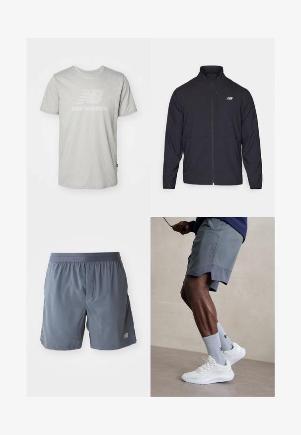 Mustmustaga mustal tõmbluku ja kõrge kaelusega, kerge kangaga ja pikkade varrukatega. Vasakul rinnal on väike peegeldav logo.; Selle helehallist puuvillast t-särgil on lühikesed varrukad, mille keskel on valge stiliseeritud "NB" logo ja "new balance" tekst.; Meeste sportshortid tumesinises, valmistatud kergest materjalist. Omab elastset vööd ja väikest logo alumisel jalas.; Valged spordijalatsid tekstuurse võrguga pealispinnaga, millele on lisatud helesinised ribakujulised sokid logoga. Hallid spordilühikesed püksid, millel on perforeeritud ääred.