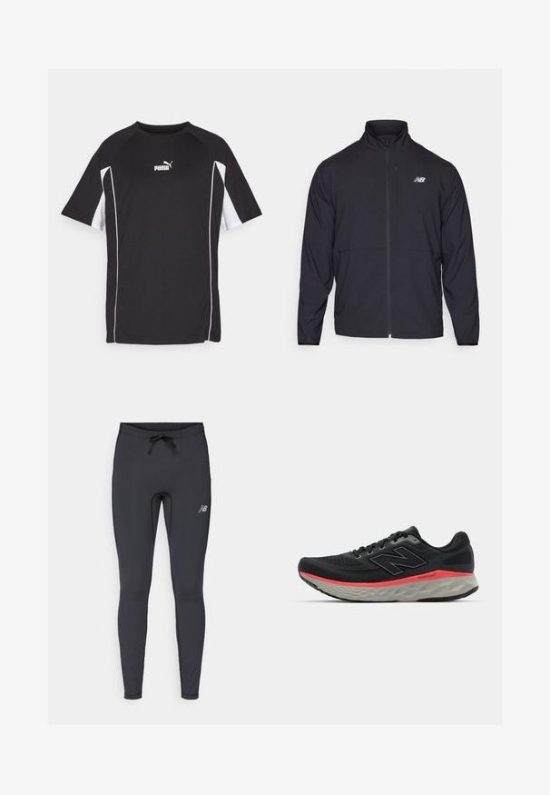 Black zip-up jacket with a high collar, lightweight fabric, and long sleeves. Features a small, reflective logo on the left chest.; Black athletic t-shirt with short sleeves, featuring white accents and a logo. Made of lightweight, breathable fabric.; Black athletic leggings made from stretch fabric. Features a drawstring waistband and a small reflective logo on the front right thigh.; Black running shoe with mesh upper, accented by a pink midsole stripe and grey outsole. Features textured details and a flexible sole design.