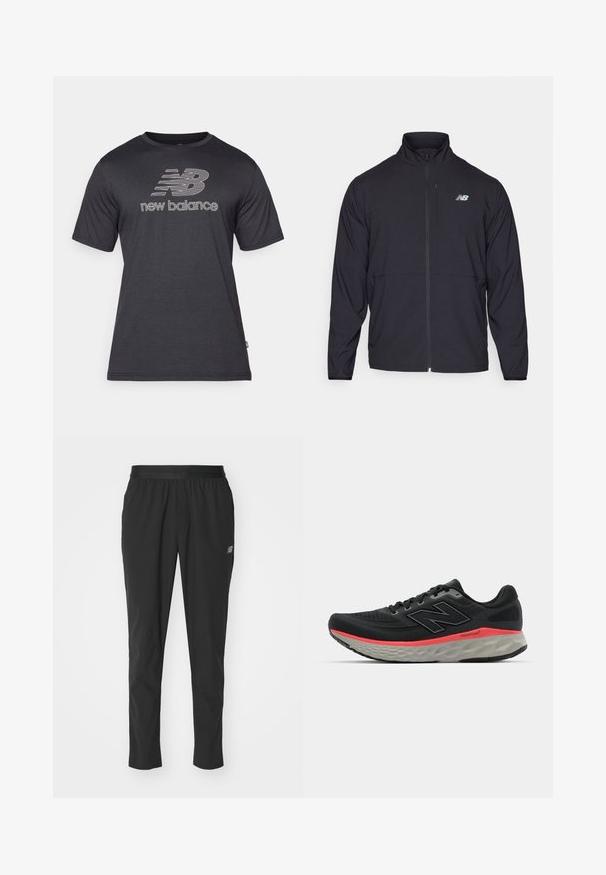Fekete cipzáras dzseki magas gallérral, könnyű anyagból és hosszú ujjakkal. Kicsi, fényvisszaverő logo található a bal mellen.; Fekete, rövidujjú póló pamut keverékből, kerek nyakkivágással és fényvisszaverő New Balance logóval fehér színben a mellkason.; Fekete sportnadrág könnyű anyagból, rugalmas derékpánttal, szűkített fazonnal és diszkrét logóval az oldalon.; Fekete futócipő, hálós felsőrésszel, rózsaszín középtalppal és szürke talppal. Texturált részletekkel és rugalmas talp kialakítással rendelkezik.
