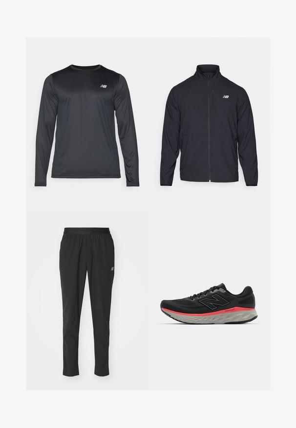 Musta vetoketjullinen takki, jossa on korkea kaulus, kevyt kangas ja pitkät hihat. Sisältää pienen, heijastavan logon vasemmassa rinnassa.; Pitkähihainen urheilupaita mustana, valmistettu sileästä, kevyestä kankaasta, jossa on hienovarainen tekstuuri. Ominaisuuksiin kuuluu pieni logo vasemmassa ylärinnassa.; Musta urheiluhousut, jotka on valmistettu kevyestä materiaalista, joustavalla vyötärönauhalla, kapenevalla muotoilulla ja hillityllä logolla sivussa.; Musta juoksukenkä, jossa on verkkomateriaali yläosassa, jota korostaa vaaleanpunainen välikerroksen raita ja harmaa pohja. Kenkässä on teksturoitu yksityiskohta ja joustava pohjarakenne.