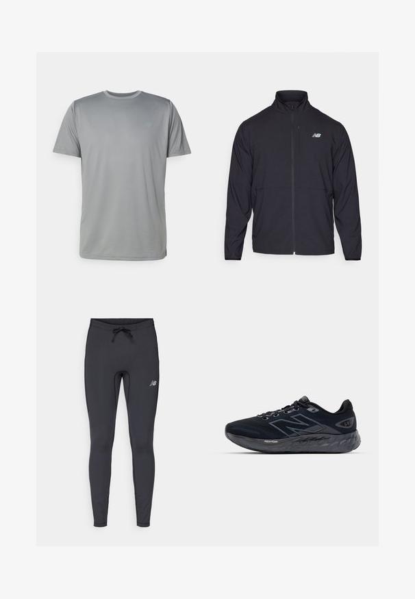 Svart jakke med glidelås og høy krage, lett stoff og lange ermer. Har en liten, reflekterende logo på venstre bryst.; New Balance T-skjorte til trening - slate grey; Svart treningstights laget av elastisk stoff. Har en snor i livet og en liten reflekterende logo på høyre lår.; Menns løpesko i svart mesh med en tykk grå såle, sirkulær tekstur og reflekterende detaljer. Har "New Balance"-logoen på siden.