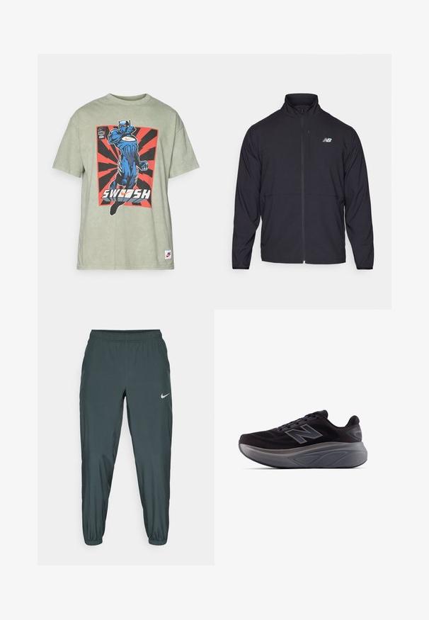 Black zip-up jacket with a high collar, lightweight fabric, and long sleeves. Features a small, reflective logo on the left chest.; Green cotton t-shirt featuring a blue superhero graphic and "SWOOSH" text on a red and black burst background. Ribbed crew neckline.; Nike track pants in dark green, featuring an elastic waistband, tapered leg shape, and a subtle reflective logo on the side.; Black athletic shoe with a textured upper, reinforced heel, and a thick gray sole. Features a prominent "N" logo.