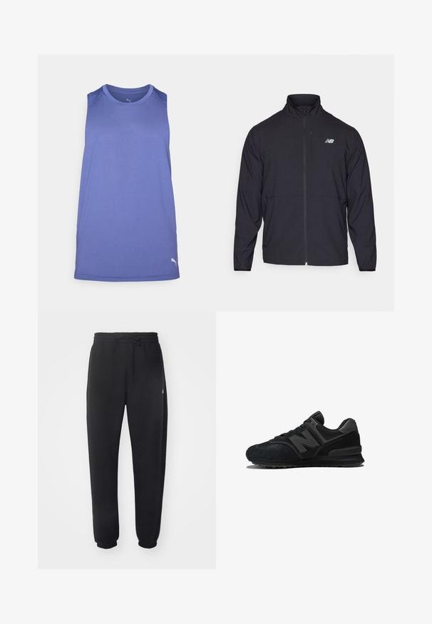 Giacca nera con zip e colletto alto, in tessuto leggero e maniche lunghe. Presenta un piccolo logo riflettente sul lato sinistro del petto.; Maglietta sportiva senza maniche di colore viola, realizzata in tessuto traspirante, con scollatura rotonda e dettaglio logo sottile sull'orlo.; Pantaloni della tuta neri realizzati in materiale morbido con vita elastica, coulisse e polsini aderenti, caratterizzati da un logo sottile sul lato.; Sneaker nera con parte superiore in camoscio e rete, suola spessa e logo 'N' prominente di lato. Design testurizzato con chiusura a lacci.