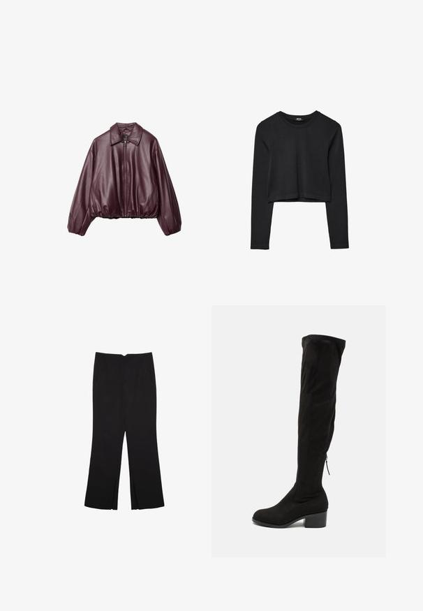 Bordeauxrote Jacke aus Kunstleder, kurz geschnitten, mit Reißverschluss vorne, großem Kragen und elastischem Saum, mit voluminösen Ärmeln.; Schwarzes, langärmliges, kurz geschnittenes Oberteil mit Rundhalsausschnitt, schlichter Gestaltung und leicht abgerundetem Saum.; Schwarze Hose mit geradem Schnitt, ausgestattet mit Fronttaschen und Seitenschlitzen am Saum. Hergestellt aus weichem, glattem Stoff. Geeignet für verschiedene Anlässe.; Schwarze Overknee-Stiefel aus weichem Wildleder mit Blockabsatz und seitlichem Reißverschluss für ein einfaches Anziehen. Glatte Textur.