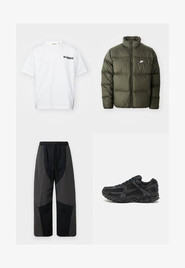 Giubbotto imbottito verde oliva con colletto alto, zip frontale e motivo a righe orizzontali. Presenta un logo Nike bianco sul petto sinistro.; MISBHV COMMUNITY - T-shirt con stampa - white; Pantaloni neri con accenti in felpa e fit rilassato, caratterizzati da pannelli in tessuto grigio scuro a contrasto e una vita con cordoncino regolabile.; Scarpa sportiva nera con tomaia in mesh, suola in gomma e dettagli testurizzati. Il design include un sistema di allacciatura pronunciato e una suola imbottita.