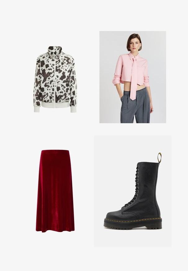 Weiße Jacke mit einem schwarz-braunen Kuhfleckenmuster. Verfügt über einen hohen Kragen, einen Reißverschluss vorne und gestreifte Akzente an den Ärmeln. Aus glattem, leichtem Material.; Calliope CAMICIA CROP CRAVATTA - Hemdbluse - rosa chiaro; Midirock aus rotem Samt mit glatter Textur, ausgestelltem Design und einem Bund. Der Saum endet knapp unter dem Knie. Keine sichtbaren Akzente.; Schwarzer Lederkampfstiefel mit hohem Schaft, Schnürverschluss, gelben Nähten und einer klobigen, strukturierten Sohle. Mit rutschfester Profilsohle.