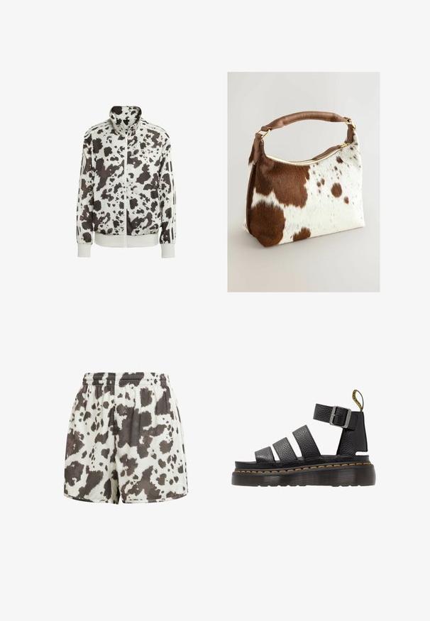 Bijela jakna s uzorkom krave u crnoj i smeđoj boji. Ima visoki ovratnik, zip-front te pruge na rukavima. Glatki, lagani materijal.; Bijela pamučna majica bez rukava s izrezom u obliku slova U, tijesnog kroja. Glatka tekstura, jednostavan dizajn i minimalni detalji šivanja.; Šorts s vezicom u krem boji s smeškim i crnim uzorkom krave. Glatka tekstura, opušten fit, šiveni rub i elastična sredina.; Crne kožne sandale s tri široka remena, podesivom metalnom kopčom, debelim reljefnim đonom i narančastim šavovima uz rub.; Torba od kravljeg krzna s smeškastim smešama smeđe i bijele boje, smeđi kožni remen, zlatni zatvarač i meka tekstura. Struktuirani oblik s zaobljenim rubovima.